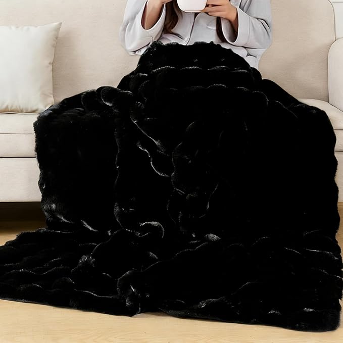 Faux Fur Black Thick Soft Throw Blanket 60X80 for Bed Couch Gift Office Chair Bunny Faux Rabbit Fur Blanket Decorative Warm Throw Blanket 860 GSM