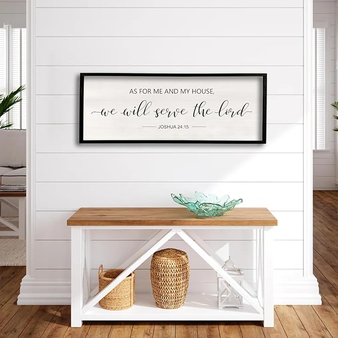As For Me And My House We Will Serve The Lord Wall Decor 40" x 15" Bedroom Above Bed Sign Large Rustic Farmhouse Wood Framed Bible Verse for Religious Scripture Christian Wall Art (Black)