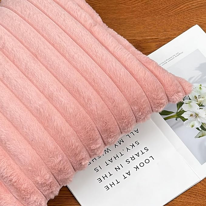16x16 Throw Pillow Covers Set of 2, Decorative Faux Fur Covers for Bed, Couch Soft Fluffy Pillow Cover with Velvet Back for Living Room, Neutral Home Décor Accent for Sofa - Pink