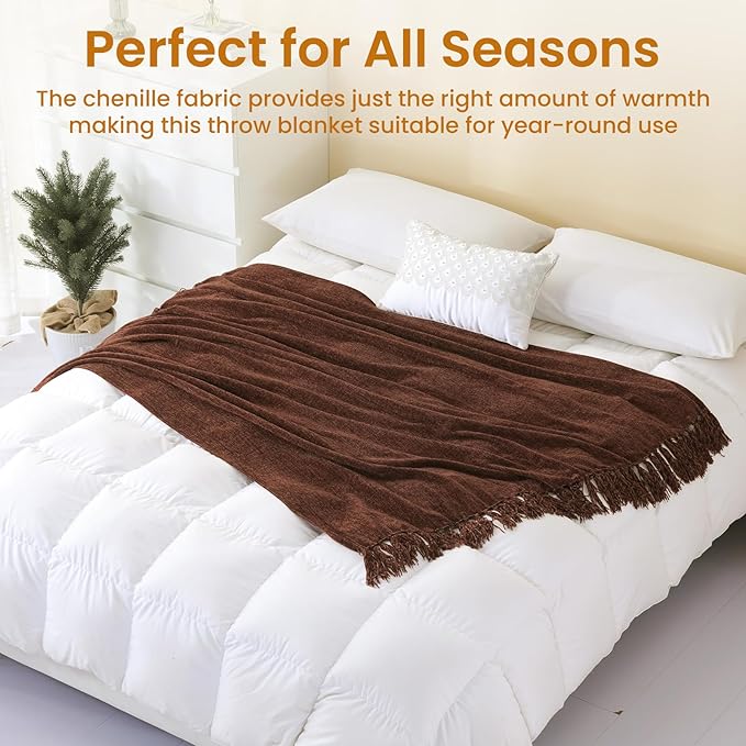 Rust Brown Chenille Throw Blanket for Couch Bed，Soft Cozy Throw Blanket with Handmade Fringe, Decorative Blanket for Sofa Chair Living Room for Gift, (Rust Brown)