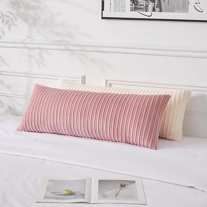UGASA 14x36 Inch Pillow Cover Pack of 1 Valentine's Day Soft Boho Stripe Corduroy Large Long Rectangular Lumbar Cushion Cover Decorative Throw Pillowcase for Couch Sofa Bedroom Living Room, Baby Pink