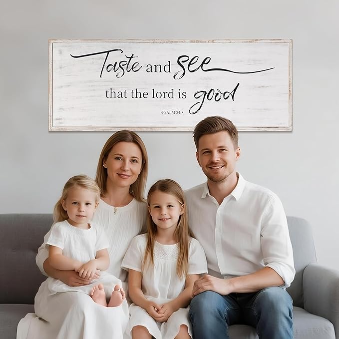 Taste And See That The Lord Is Good Bible Verses Framed Wall Sign For Family Living Room Kitchen Farmhouse Dining Room Vintage Boho Wall Art Decoration For Living Room Bedroom, 40 X 15 Inch, White