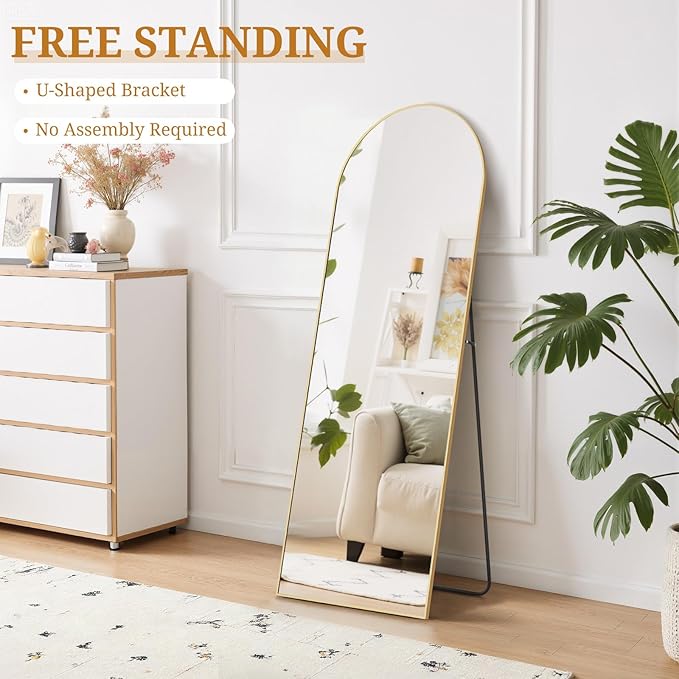 Full Length Mirror 56"x15" Full Body Mirror Arched Free Standing Wall Mounted Leaning Floor Mirrors with Stand Aluminum Alloy Frame for Bedroom Cloakroom, Gold