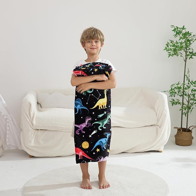 Softan Kids Throw Blanket for Girls & Boys, Warm Soft Toddler Flannel Blankets for Sofa Couch Bed， Cozy Fuzzy Plush Flannel Kids Throw Blanket for Daycare & School - Space Dinosaur 50x60 inches
