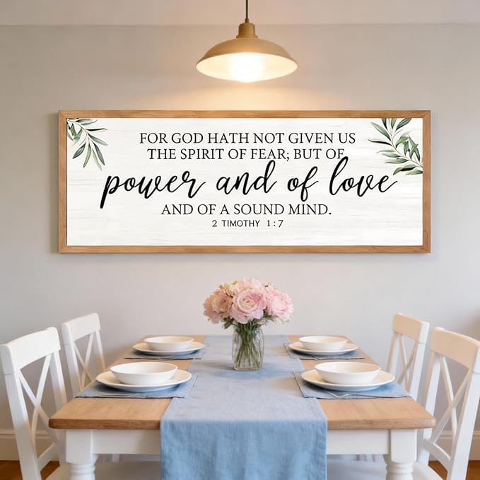 For God Hath Not Given Us the Spirit of Fear Wall Art – 40x15 Inch Framed Bible Verse Decor, 2 Timothy 1:7 Christian Wall Decor, Large Scripture Wall Art for Living Room Bedroom, Natural