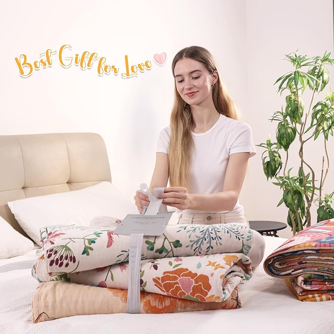 Boho Large Throw Blanket, 100% Organic Cotton Breathable Soft Bed Throw - Floral Bird Farmhouse Decor Blanket for Sofa Couch Chair Quilt and Gift. 91" x 98"- Colorful