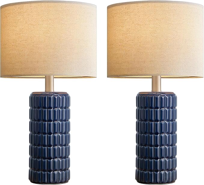 23" Modern Ceramic Table Lamps Set of 2 - Table Lamps for Living room, Farmhouse Bedside Night Stands Lamp for Bedroom, White Boho Nightstand Lamps Set of 2, Desk Lamp for End Table Home Decor(Blue)