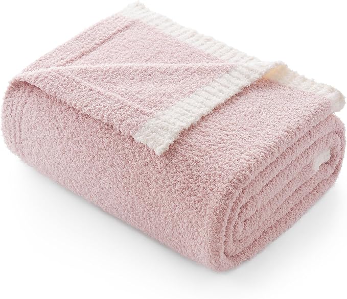 Snuggle Sac Pink Bedding Blankets Queen Size 90x90 inches, Reversible Microfiber Fluffy Fuzzy Soft Throw Cozy Knit Blanket for Women Mothers Birthday Gifts
