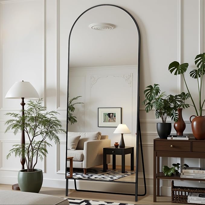 Antok Full Length Floor Mirror Arched Standing Mirror with Aluminum Frame - Freestanding Wall Mount Leaning Body Mirror for Bedroom Living Room Entryway, 64" L x 21" W, Black