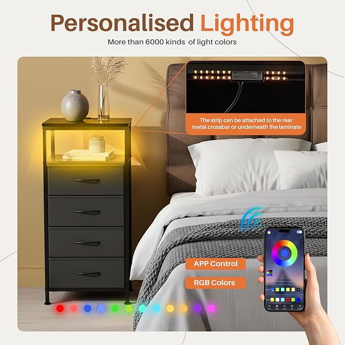 Sweetcrispy Nightstand with Charging Station, Bedside End Table with 4 Fabric Drawers & USB/Type-C Ports and Outlets, Night Stand for Bedroom Furniture, Adjustable Feet and Variable Light Strip, Black