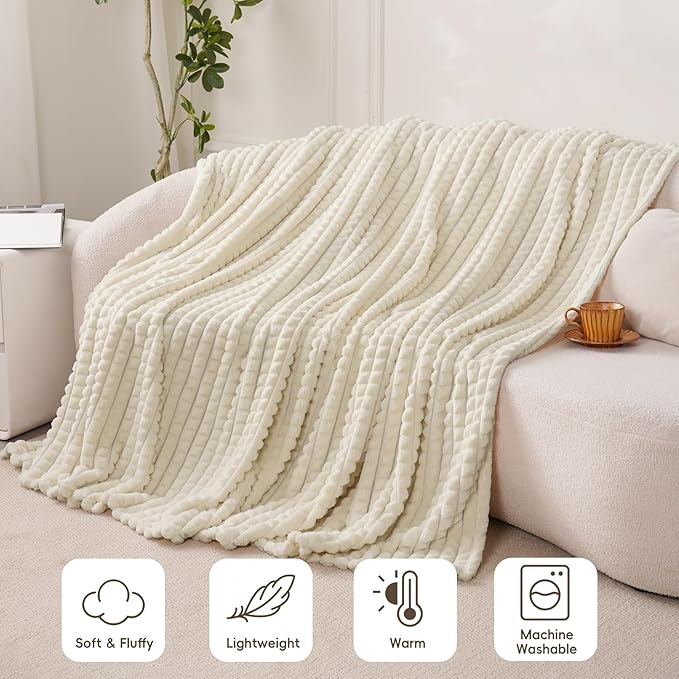 PHF Luxury Soft Fleece Blanket Queen Size, No Shed No Pilling, 380GSM Fluffy Cozy Throw Blankets for Bed, 90"x90", Lightweight Warm Bedding for Home Decor, Ideal Gift for Women, Cream