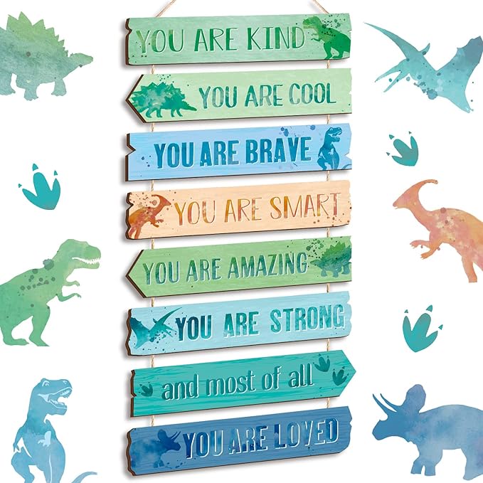 Inspirational Girl Room Decor Aesthetic Art Wall Hanging Sign Inspiring Colorful Rainbow Wooden Decoration for Kids Teens Toddler Boy Baby Bedroom Nursery Dorm Decor, 6-12 Years old (Dinosaur)