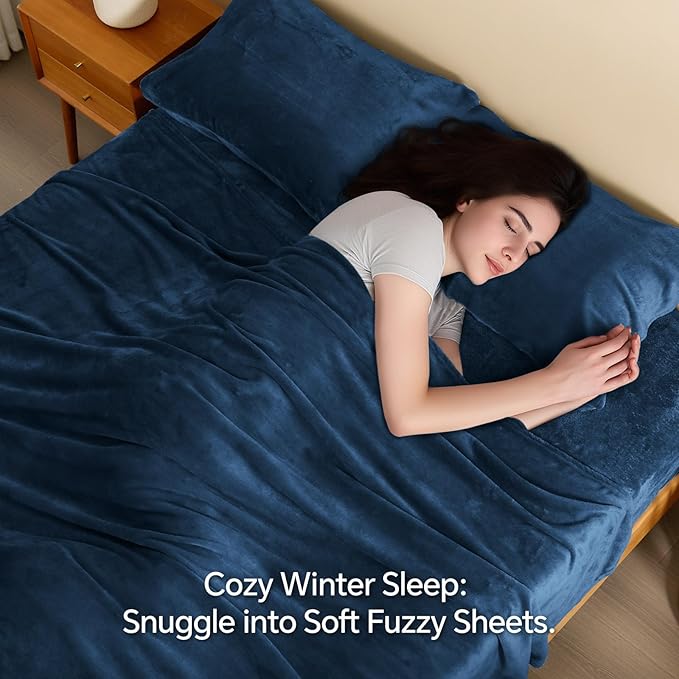 BEDELITE Flannel Sheets Full Size Navy - Super Soft Fleece Sheets Set Fluffy Extra Plush, 4 Piece(Include Fitted Sheet, Flat Sheet, 2 Pillowcases)