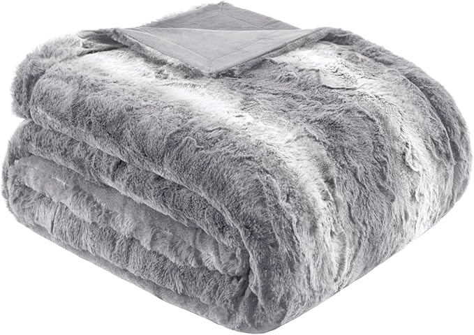 Madison Park Twin Size Blanket Ultra-Soft Poly Fur, Reversible Plush, All Season & Lightweight Fuzzy Blanket for Bed, Couch & Sofa, Zuri, Twin/Twin XL Grey