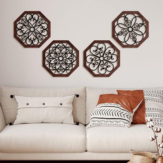 4 Pieces Thicken Rustic Wood Wall Decor Modern Farmhouse Wall Art Decor Wooden Hollow Carved Design Rustic Art for Living Room Bedroom Office Kitchen (Classic Style)