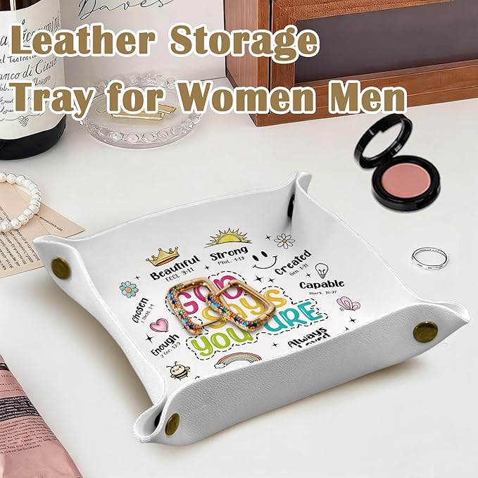 Christian Gifts - God Says You Are Bible Verses,Religious Gifts for Women，PU Leather Catchall Beside Caddy Nightstand Organizer Tray for Jewelry Rings Watches and Accessories, 7.87x7.87in