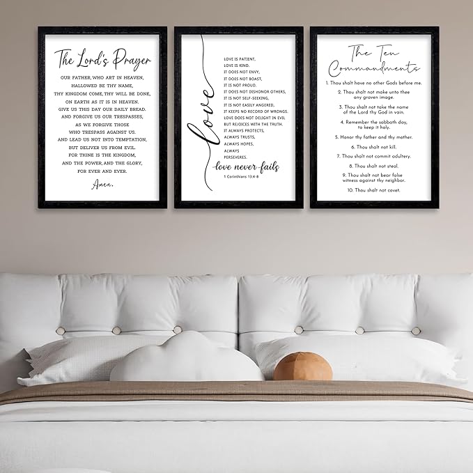 comurdyo Christian Bible Verse Wall Art 24"×16" Set of 3 Positive Religious Minimalist Quotes Sign for Rustic God Jesus Christ Prayer Inspirational Catholic Scripture Decor Wood Framed Hanging (Black)
