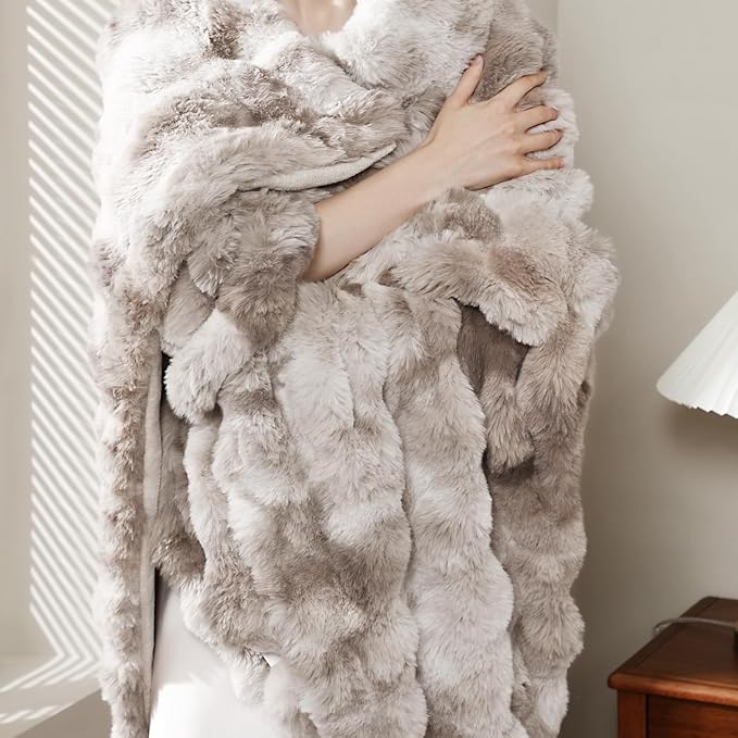 Faux Rabbit Fur Throw Blanket for Couch, Fluffy Warm Plush Thick Bubble Blanket for Bed Sofa Living Room, Soft Cozy Furry Blanket, 50x60 inches, Tie-dye Khaki