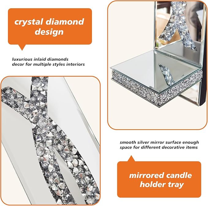Crystal Crushed Diamond Mirrored Candle Sconces Set of 2 Silver Glass Wall Candle Holder Bling Wall Decorations for Home Decor Living Room Dining Room Bedroom