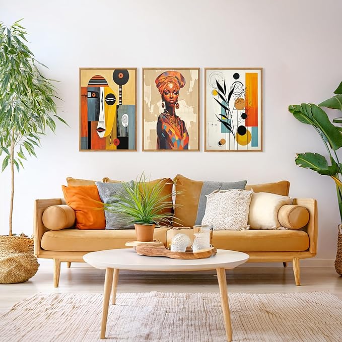 CHDITB Boho Abstract Black Woman Framed Canvas Wall Art, Orange African Artwork Ethnic Minimalist Portrait Murals Wall Decor, Vintage Geometric Aesthetics Art Prints For Bedroom Living Room-12X16 Inch