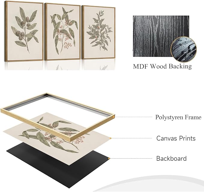 Wodkwq 3 Piece Vintage Botanical Canvas Wall Art Framed, Neutral Farmhouse Country Wall Decor,Sage Green Leaves Plants,Floral Painting For Living Room,Bedroom,Office,Kitchen 16x24in