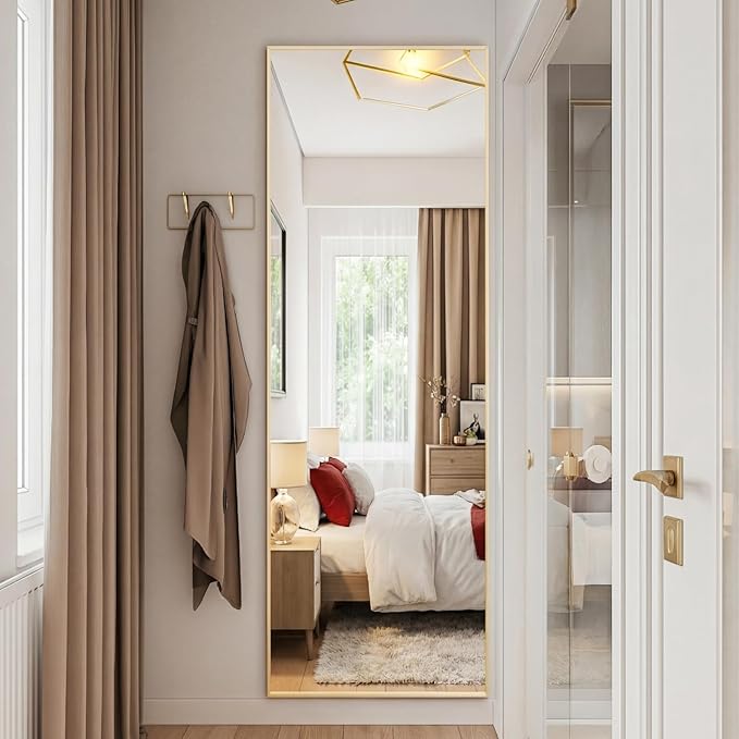 DUMOS Gold Full Length Mirror 59"x16" Full Body Floor Mirror for Bedroom or Cloakroom, Can Stand Alone, Hang or Lean Against Wall, Tall Wall Mirror with Stand and Sleek Aluminum Alloy Thin Frame