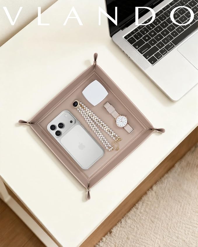 VLANDO Valet Tray for Men Women, Nightstand Organizer Vanity Catchall Holder for Dresser Desk Storage Bedside, PU Leather Travel Jewelry Key Bowl for Watches, Candy Entryway - Large, Toffee