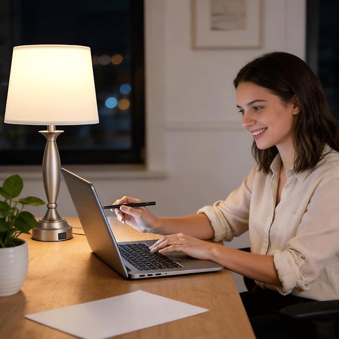 Seealle 25.5" White Lamps for Bedrooms Set of 2 - Touch Control Bedside Lamp with USB C+A, 3 Way Dimmable Nightstand Lamps with USB Port, Table Lamp for Living Room(White Shade and Nickel Base)