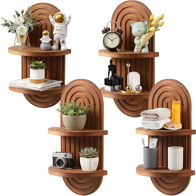 4 Pack Boho Wall Decorative Wall Shelf - Solid Wood Water Ripple Floating Shelves for Bedroom Indoor Decoration Holding Planter Ornaments, 15.6 x 8.66 Inch (Walnut)