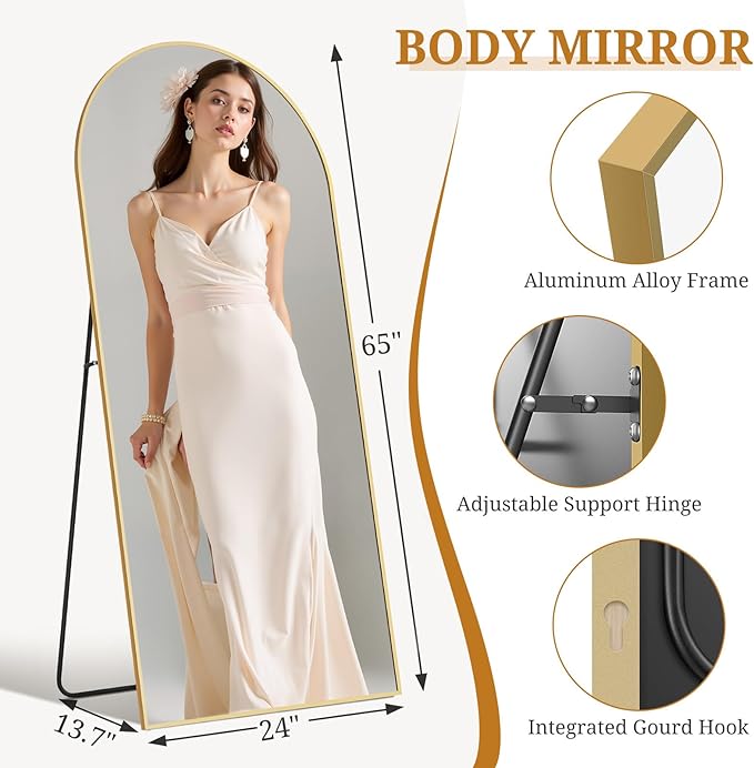 Full Length Mirror 65"x24" Full Body Mirror Arched Free Standing Wall Mounted Leaning Floor Mirrors with Stand Aluminum Alloy Frame for Bedroom Cloakroom, Gold