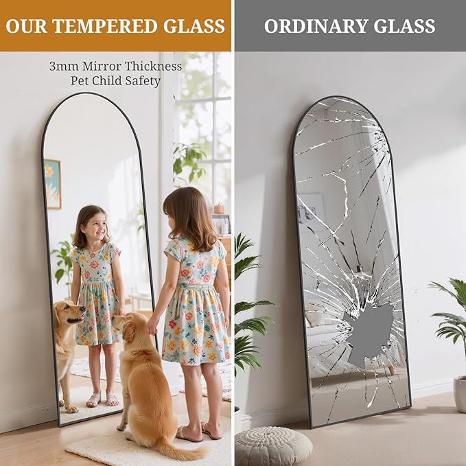 Full Length Mirror 58"x19" Full Body Mirror Arched Free Standing Wall Mounted Leaning Floor Mirrors with Stand Aluminum Alloy Frame for Bedroom Cloakroom, Black