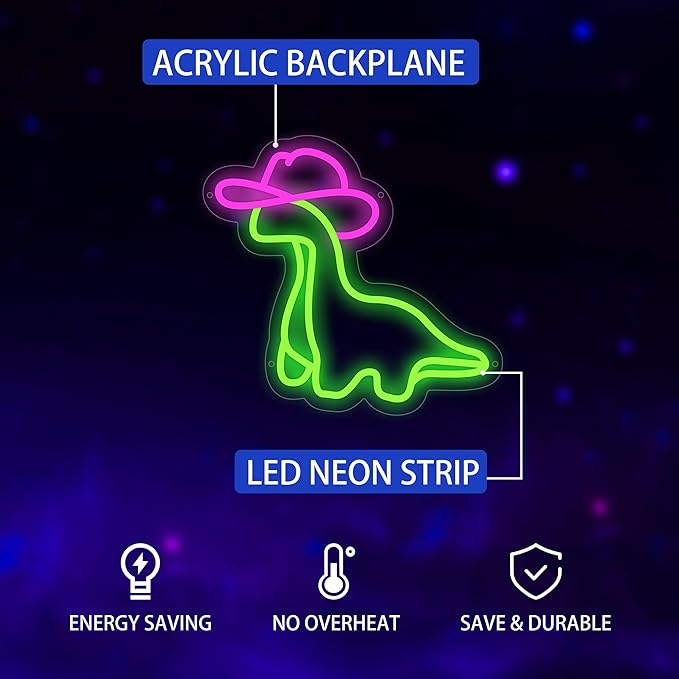Dinosaur Neon Sign, Cowgirl Dinosaur Led Signs for Wall Decor, Dimmable Neon Light Sign for Girls Room, Bedroom, Game Room, Kids Room, Bar Decoration, USB Powered Light Up Neon Signs