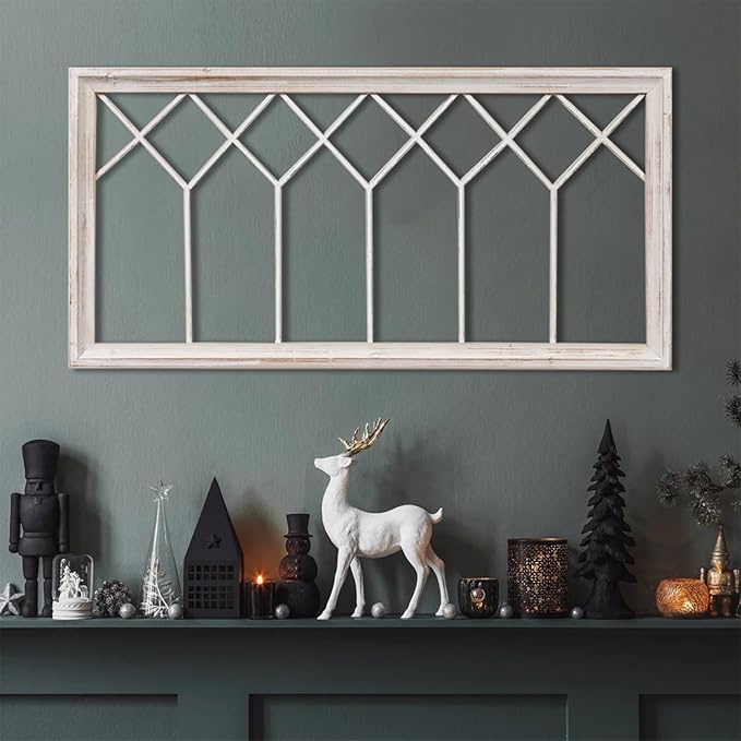 Sintosin Rustic Wood Window Frame Wall Decor 40 x 20 inches, Hanging Washable White Farmhouse Faux Windows Frames for Walls, Decorative Wall Art for Living Room Bedroom Hallway Christmas