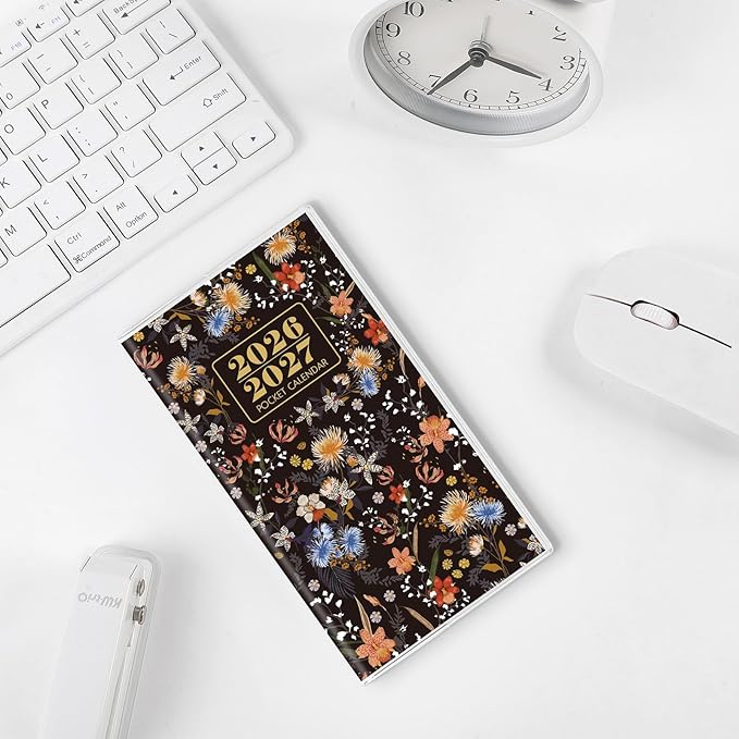 Pocket Calendar 2026-2027, Black 2026-2027 Monthly Planner - 3.7" x 6.7" - Runs from January 2026 Until December 2027, 2026 Pocket Planner with PVC Cover for Home, School, Office Supplies