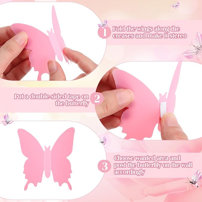 BBTO 48 Pieces Butterfly Wall Decor DIY 3D Mirror Butterfly Stickers Removable Decals Crafts for Birthday Party Bedroom School Bathroom Living Room Decor(Pink)