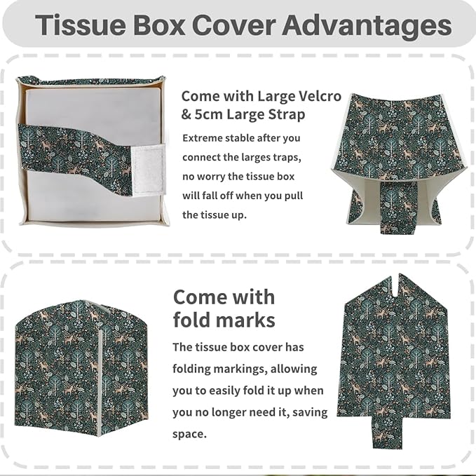 Tissue Box Cover, Tissue Box Holder, Square with Belt Bottom, PU Leather Decorative Organizer for Desk, Tabletop, Countertop Bathroom, Toilet, Car, Bedside, Dresser Kitchen, Deer Deep Forest Decor