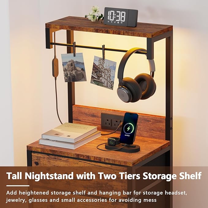 Furnulem Night Stand with Charger Station, 38'' Tall Nightstand with 4 Fabric Drawers and LED Lights, Bedside Table with Storage Shelf for Bedroom, Office, Metal Frame, Wood Shelves, Rustic Brown | 4 Fabric Drawers, LED Lights, Storage Shelf, for Bedro...