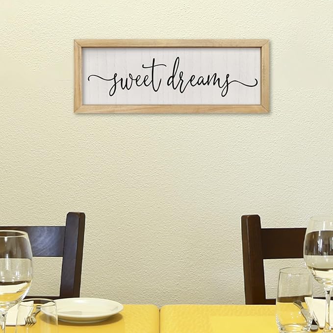 comurdyo Romantic Sweet Dreams Sign Above Over Bed Wall Decor 16"×6" Small for Modern Couples Master Bedroom Above Bed Minimalist Wood Framed Wall Art Plaque Decoration Hanging (Wood)