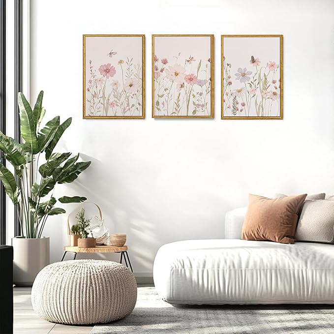 Wodkwq 3 Piece Framed Wall Art Wildflower Wall Decor Botanical Canvas Art Floral Pictures Watercolor Paintings Pink Artwork Prints for Nursery Bedroom Living Room