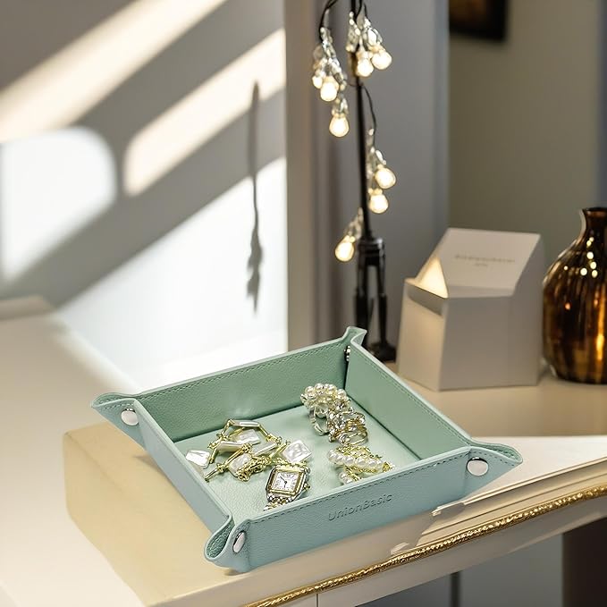 UnionBasic Valet Tray, Jewelry Tray for Rings Earrings, Entryway Catchall Caddy for Coins Keys Change, Nightstand Organizer Bedside Valet Holder, Trays for Electronic Gadgets, Lychee Mint Green