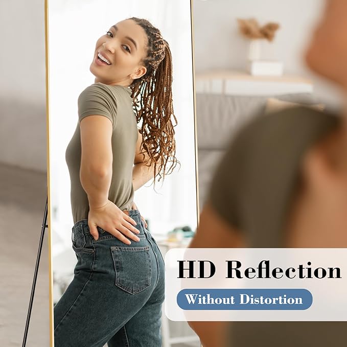Mirror Full Length, Upgraded Body Wall Mirrors with Shatter-Proof Glass, Floor Standing, Hanging or Leaning, Tall Mirror with Stand Aluminum Alloy Frame for Bedroom