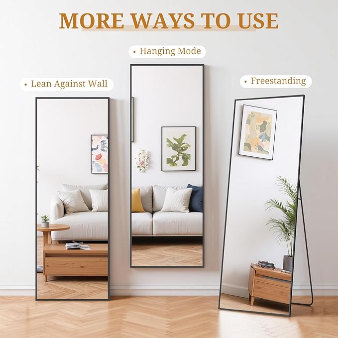 Full Length Mirror 64"x21" Full Body Mirror Rectangle Free Standing Wall Mounted Leaning Floor Mirrors with Stand Aluminum Alloy Frame for Bedroom Cloakroom, Black