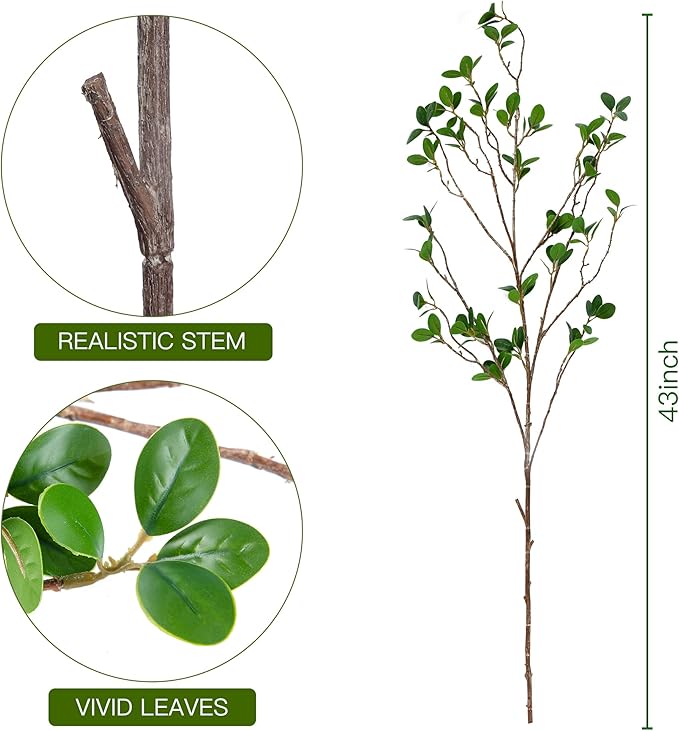 Sggvecsy 43’’ 5Pcs Artificial Ficus Branches Faux Leaf Spray Green Eucalyptus Branches Artificial Greenery Stems Fake Ficus Twig Plants for Home Office Wedding Vase Filler Shop Decoration