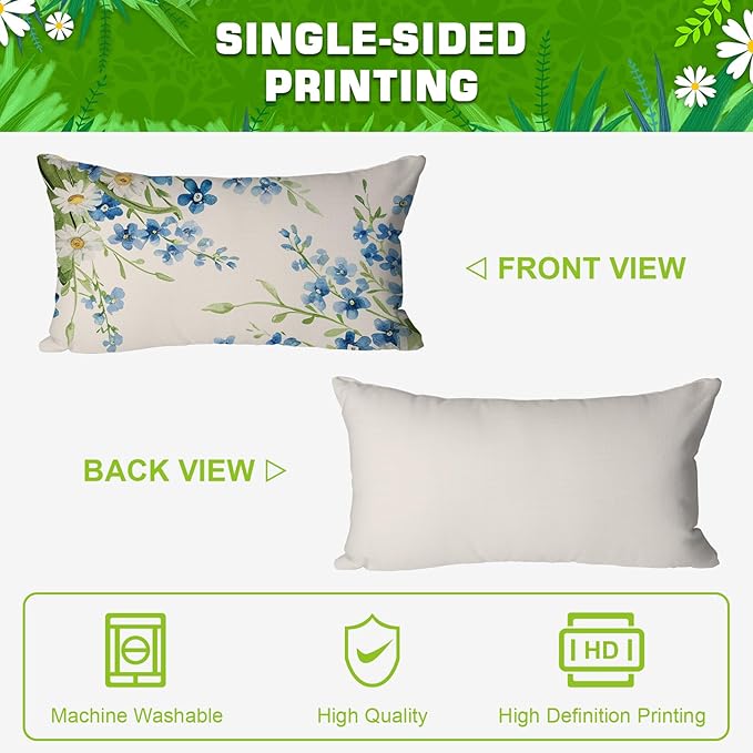 Spring Pillow Covers 12x20 Inch Set of 4 Home Sweet Home Daisy Floral Blue Throw Pillows Decorative Pillow Cases Summer Seasonal Farmhouse Decorations for Sofa Couch