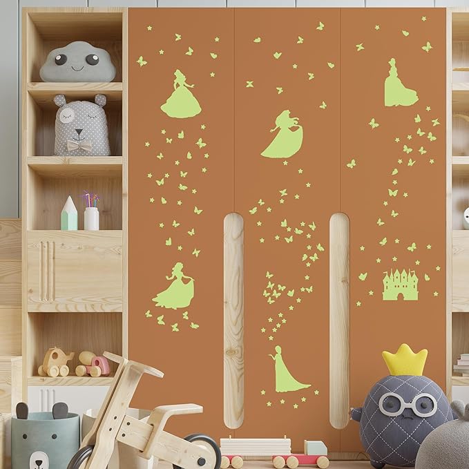 Glow in The Dark Princess Castle Wall Sticker, Self-Adhesive Star Butterfly Wall Decal for Girl's Room, Fluorescent Sticker for Ceiling Nursery (Green)
