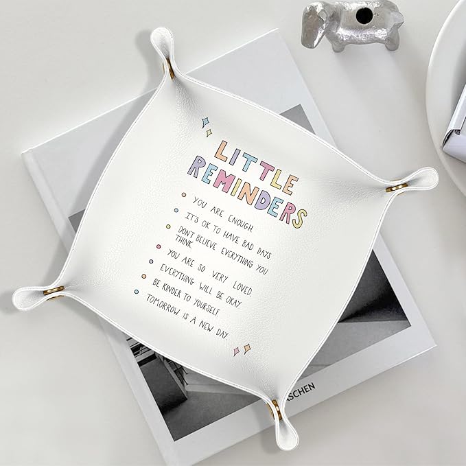 Inspirational Motivational Gifts Leather Jewelry Valet Tray, Little Reminders Positive PU Leather Catchall Beside Caddy Nightstand Organizer Tray for Jewelry Rings Watches Keys, 7.8x7.8inch