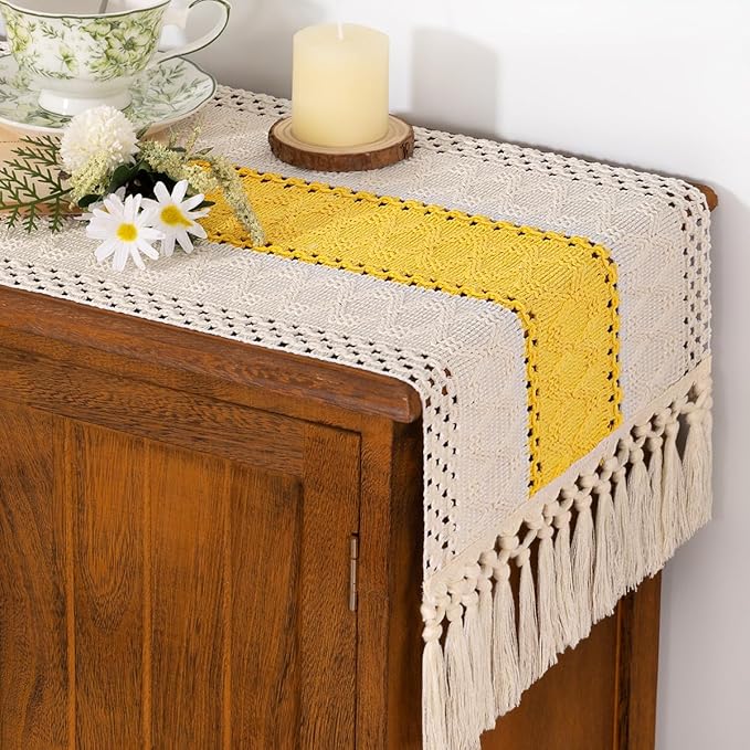 Socomi Boho Table Runner Easter Spring Farmhouse Rustic Dining Kitchen Centerpiece Decor Small Macrame Woven Cotton Coffee Table Runner for Dresser Scarf Home Decor 12x60 in Yellow Gold Ivory