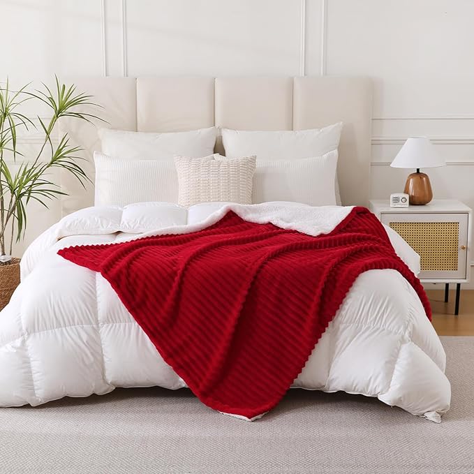 Red Sherpa Fleece Throw Blanket 60”×80” for Couch Sofa Bed,Double Side Soft Fuzzy Cozy Plush Thick Flannel Blanket with Striped Design,Gift for Adults,Woman,Girls
