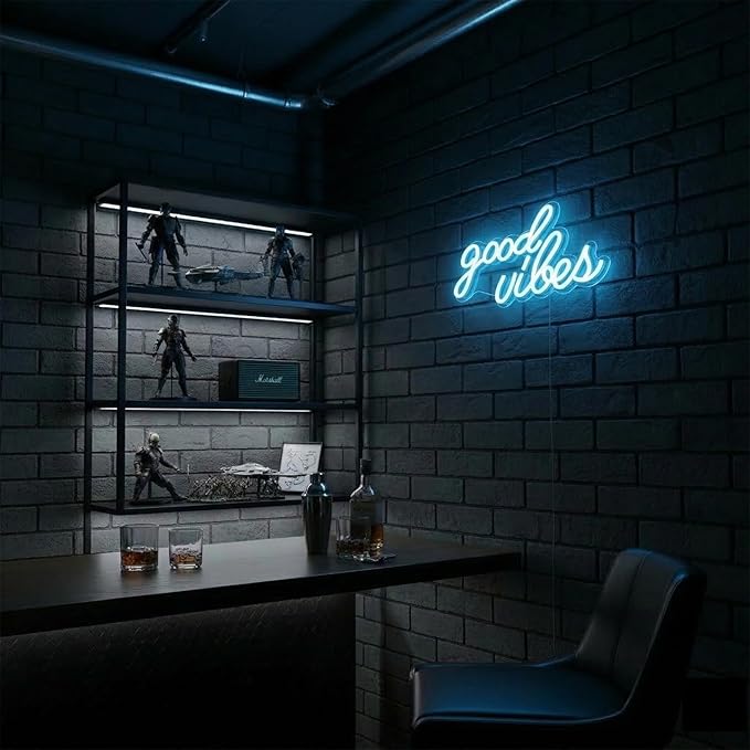 DECANIT Good Vibes Neon Sign Ice Blue, Cool LED Light for Wall Decor, Game Room, Man Cave, Bar, Streamer Setup, USB Powered Gamer Gift, 16.1x8.3 Inch