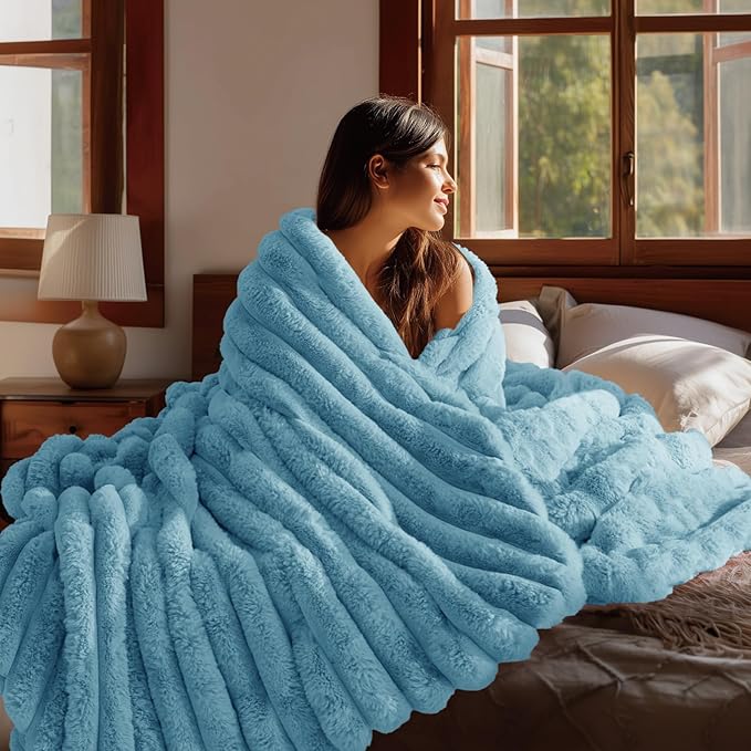 BEDELITE Faux Rabbit Fur Blanket, Luxurious 3D Striped Spring Blanket for Decor & Gift, Soft and Warm Plush Fluffy Faux Fur Throw Blanket All Seasons Suitable, (Light Blue, 60"x 80")